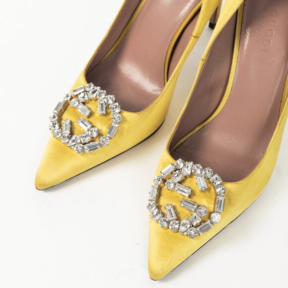 Gucci Yellow Raso Seta Crystal-GG Pointed-Toe Pumps - Picture 6 of 10